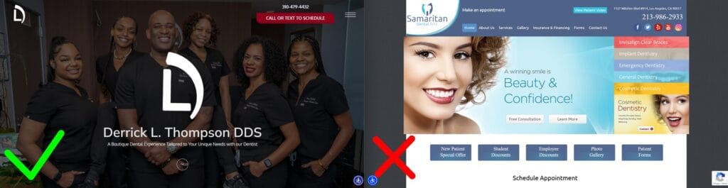 Example of well designed homepage and poorly designed homepage side by side