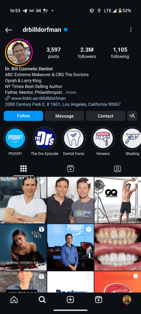 A active dental Instagram page with 2.3 million followers