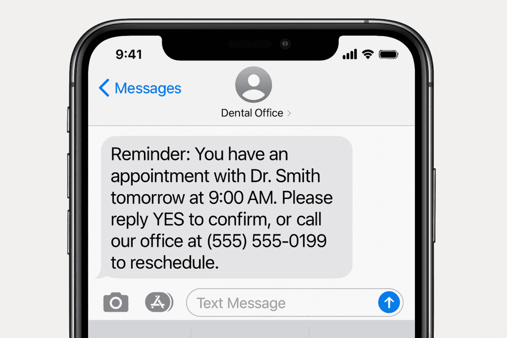 Example of a reminder text from dental office for a patient's upcoming appointment